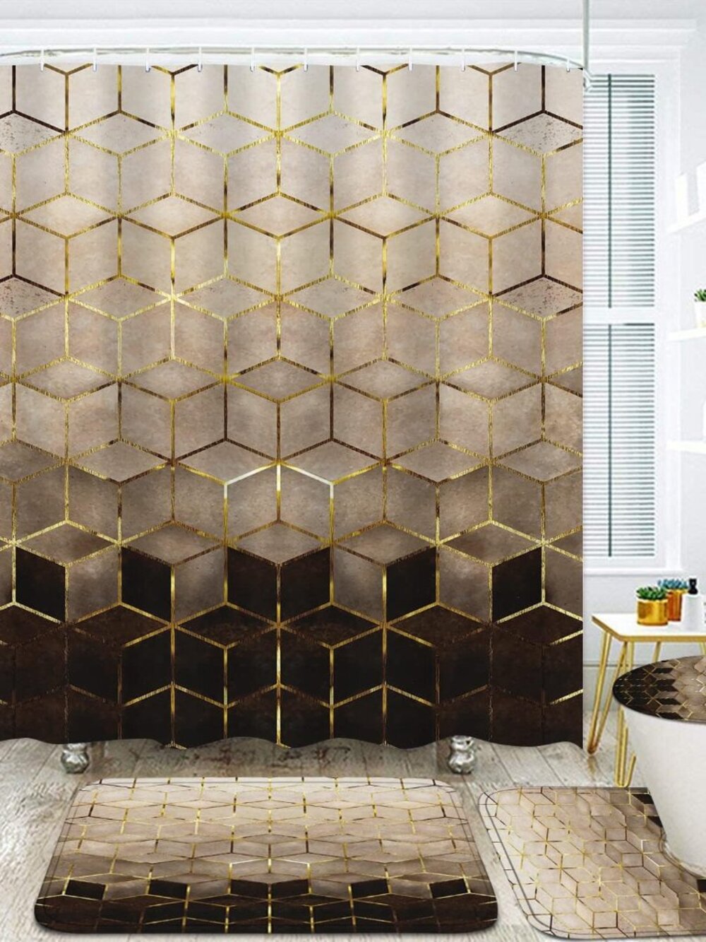 4Pcs Brown Gradient Shower Curtain Set, Modern Geometric Shower Curtain Set Gold